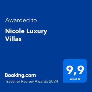 a blue screen with the text awarded to nickel luxury villas at Nicole Luxury Villas in Koskinou
