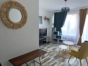 a living room with a mirror and a table at Appartement avec cours in Gien