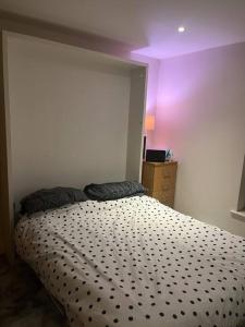 a bedroom with a bed with a black and white comforter at 1 Bed flat in Central London in London