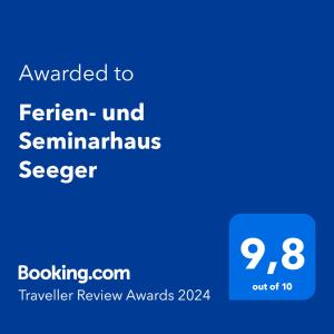 Sertifikat, penghargaan, tanda, atau dokumen yang dipajang di Ferien- und Seminarhaus Seeger