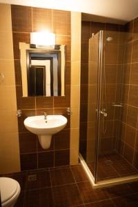 ein Bad mit einem Waschbecken und einer Dusche in der Unterkunft IG Apartments Royal Towers 426 in Bansko