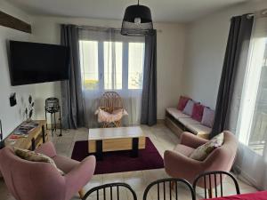 een woonkamer met roze stoelen en een televisie bij Charmante maison familiale in Montoire-sur-le-Loir