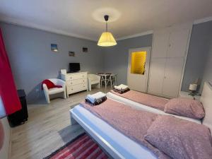 ブダペストにあるBenkoapartmentsのベッドルーム(大型ベッド1台付)、リビングルームが備わります。