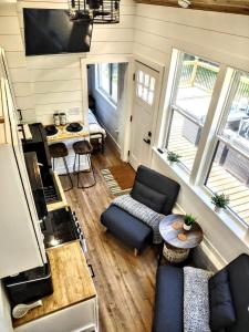 an overhead view of a living room in a tiny house at Tiny Home Big Fun in Knoxville