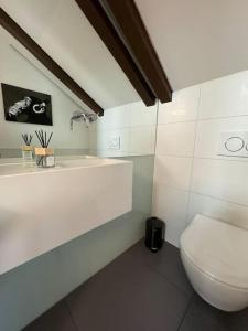 uma casa de banho com um WC branco e um lavatório. em Juwel am Stadtrand von Wien em Korneuburg