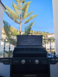 einem schwarzen Grill mit einer Palme im Hintergrund in der Unterkunft Ático jacuzzi Cómpeta in Cómpeta