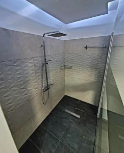 a shower with a glass door in a bathroom at Palm Sea Suite 17 in Larnaka