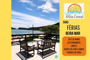 a flyer for a resort with two chairs and a table at Pousada Areia Cristal in Bombinhas