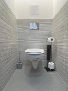 ein Bad mit einem weißen WC in einem Zimmer in der Unterkunft pecsiapartmanok - K2 Apartman in Pécs