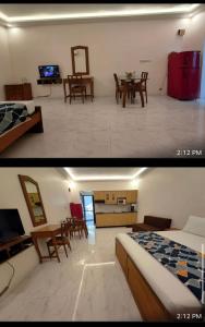 two pictures of a room with a bed and a dining room at Riveria Foothills & Residency Apartments in Baga