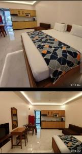two pictures of a bedroom with a bed and a living room at Riveria Foothills & Residency Apartments in Baga