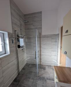 y baño con ducha y puerta de cristal. en Ferienwohnung en Atzbach