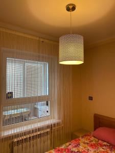 a bedroom with a bed and a window and a chandelier at Cat Garden Superior Apartments Riga in Rīga