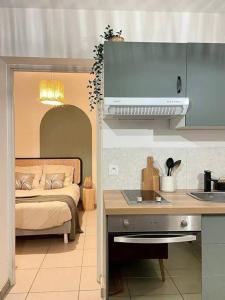 eine Küche mit einem Bett und einem Waschbecken in einem Zimmer in der Unterkunft Casa Paoli_Centre gare + parking in Annecy