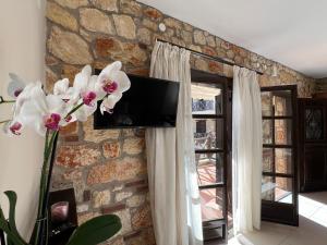 a tv on a stone wall with a window at Boutique Stone House in Psakoudia