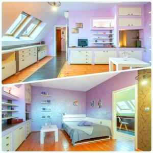two pictures of a room with a bed and a bathroom at Zen Home pLOVEdiv in Plovdiv