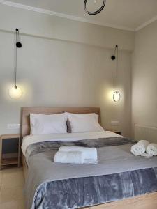 een slaapkamer met een groot bed en 2 handdoeken bij Μοντέρνο διαμέρισμα στο κέντρο in Orestiada