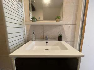 lavabo blanco en un baño pequeño con plantas en Le vercors, en Chabeuil