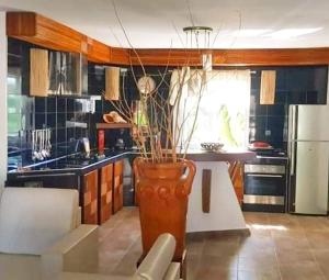a kitchen with a large vase with trees in it at OROKA EDEN in Ambondrona