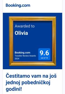 Certifikát, hodnocení, plakát nebo jiný dokument vystavený v ubytování Olivia