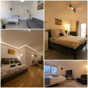 eine Collage mit drei Bildern eines Schlafzimmers in der Unterkunft Gemütliche Zimmer im Herzen der Stadt EM-APARTMENTS DEUTSCHLAND in Bielefeld