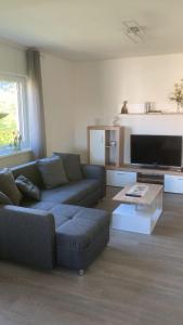 a living room with a couch and a flat screen tv at Ferienwohnung Christel in Erlenbach am Main