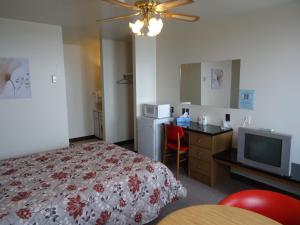 a room with a bed and a desk and a television at Hôtel-Motel Le Pharillon in Cap-des-Rosiers