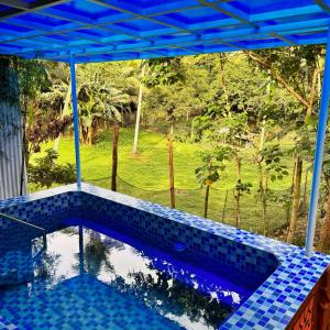 a view of a swimming pool with a blue tiled at The Orchard Private Villa with Pool and Wifi in Cuenca Batangas in Cuenca