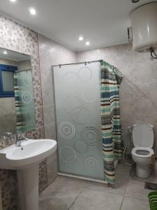 a bathroom with a shower and a toilet and a sink at City Square in Alexandria