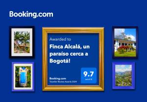 a picture frame with four pictures on a blue wall at Finca Alcalá, un paraíso cerca a Bogotá! in Ubaque