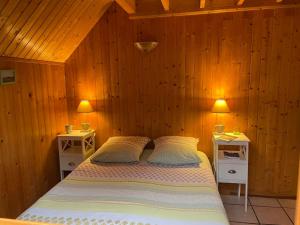a bedroom with a bed with two tables and two lamps at Gites Les Rainettes in Vienne-en-Bessin