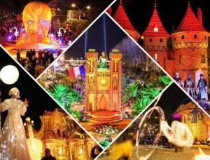 een collage van foto's van een Disneyland resort 's nachts bij Petit coin de paradis in Menton