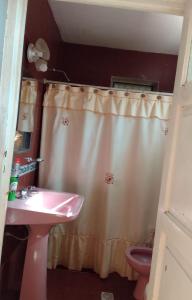 a bathroom with a sink and a shower curtain at RHOMBUS HOSPEDAJE Y HABITACIONES in Guaymallen