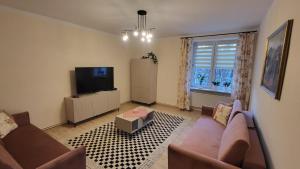 ein Wohnzimmer mit Couch und Flachbildfernseher in der Unterkunft Apartament Twoja Chwila II in Stronie Śląskie