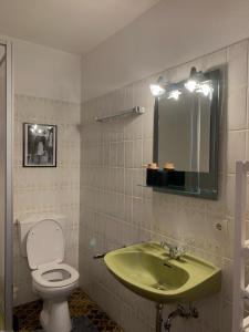 La salle de bains est pourvue d'un lavabo vert et de toilettes. dans l'établissement Ferienwohnung Panorama Schwarzwald, à Herrischried