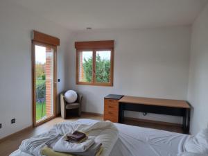 Schlafzimmer mit einem Bett, einem Schreibtisch und einem Fenster in der Unterkunft La maison lumineuse in Hénin-Beaumont
