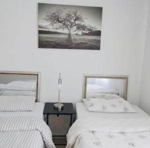 1 dormitorio con 2 camas y una foto en la pared en ST Chris Villa en Langstrand