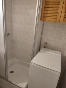 La salle de bains est pourvue d'une douche et d'un réfrigérateur blanc. dans l'établissement studio avec piscine, à Gruissan