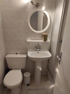 La salle de bains est pourvue de toilettes, d'un lavabo et d'un miroir. dans l'établissement studio avec piscine, à Gruissan