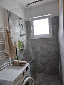 y baño con ducha y lavadora. en Studio Iuliu Maniu, en Bucarest