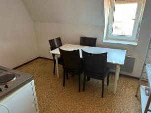 a small kitchen with a white table and chairs at Pension Nierstein bei Mainz in Nierstein