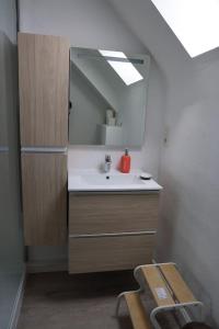 een badkamer met een wastafel en een spiegel bij Logement au centre du Conquet in Le Conquet