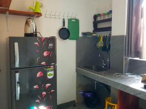 a kitchen with a refrigerator with birds painted on it at Happy house mirissa in Kamburugamuwa