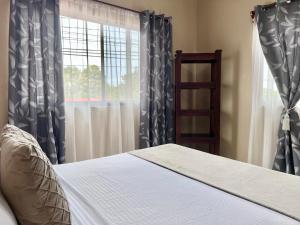 1 dormitorio con 1 cama y una ventana con cortinas en Casa Tatich AC near Guanacaste Airport, en Liberia