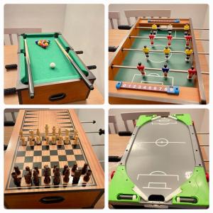 a collage of four pictures of a pool table at Mount Yard - Stylish Cottage - Close to Alton Towers - Peak District - Stoke-on-Trent Sleeps 5 in Totmonslow +45 photos