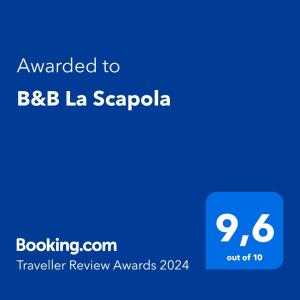 Certifikát, ocenenie alebo iný dokument vystavený v ubytovaní B&B La Scapola