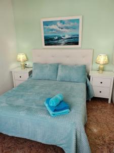 ein Schlafzimmer mit einem Bett mit einer blauen Decke und 2 Lampen in der Unterkunft Anaga y La laguna a tus pies in Santa Cruz de Tenerife