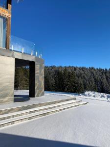 un edificio con escaleras que conducen a un edificio con árboles en SevenHills chalet en Yablunytsya