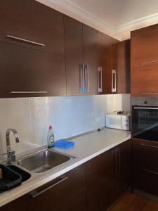 a kitchen with a sink and a microwave at Mollys2apartment in Pogradec