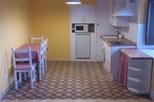 una pequeña cocina con mesa y microondas en La casa'l cantirín, en Pola de Lena